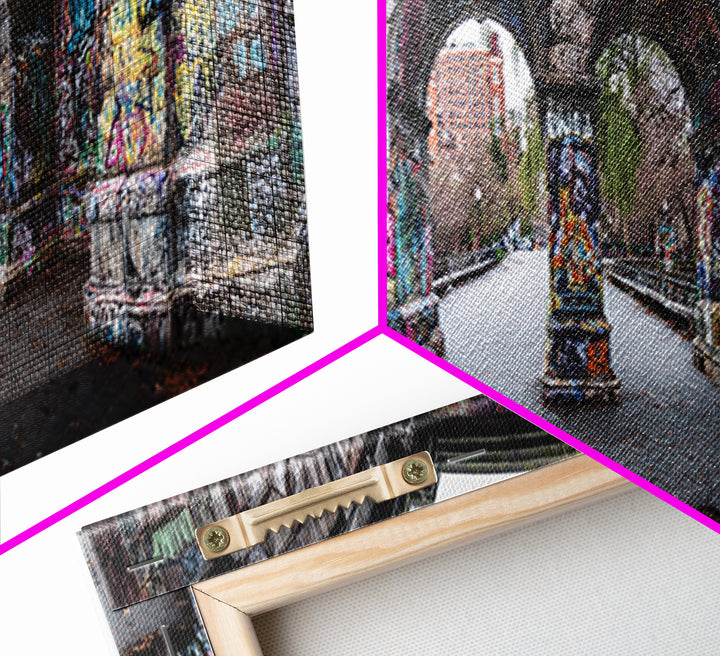 Gothic Urban Stone Archway Decorated With Graffiti In City Park Wall Art Framed Canvas Print