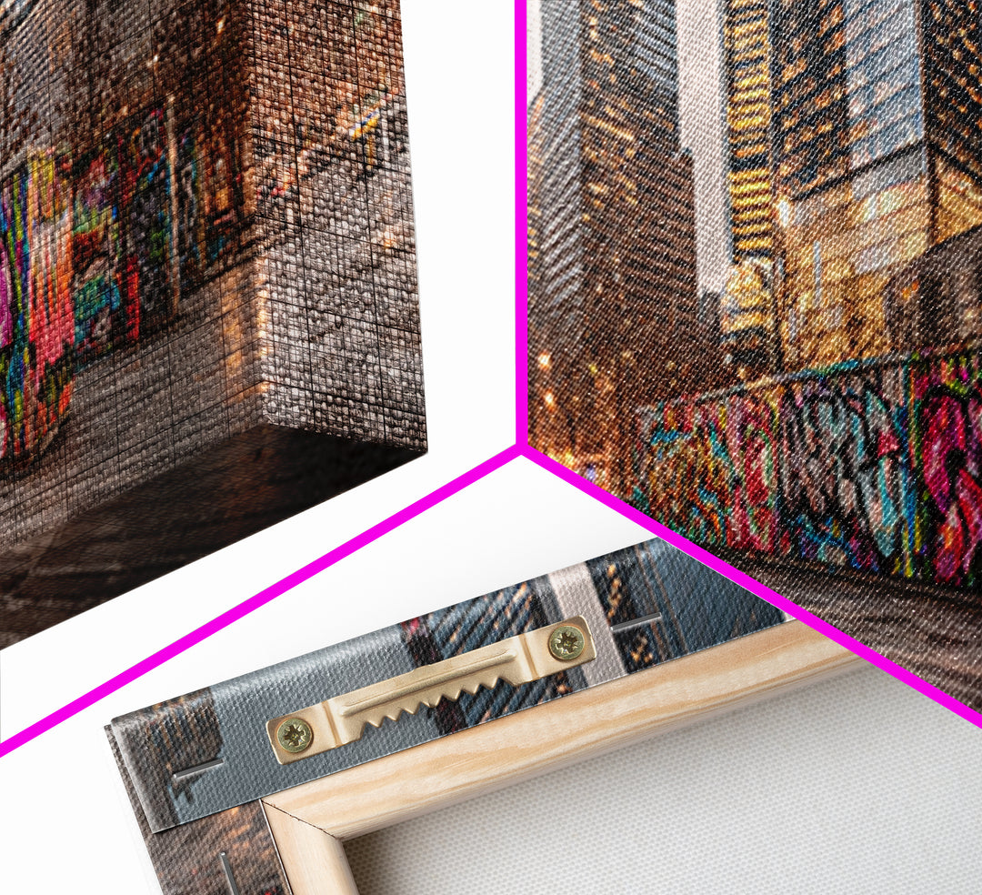 Vibrant Urban Landscape With Graffiti Walls And Reflective Wet Pavement - Modern Wall Art Canvas Print For Loft And City Apartment Decor