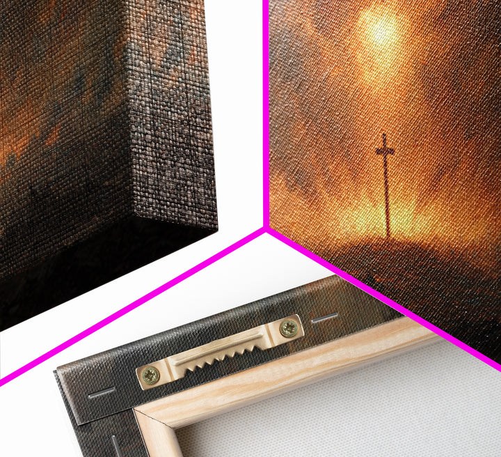 Dramatic Religious Cross Scene In Fiery Sunset Sky Oil Painting Canvas Print For Moody Wall Art And Christian Home Decor