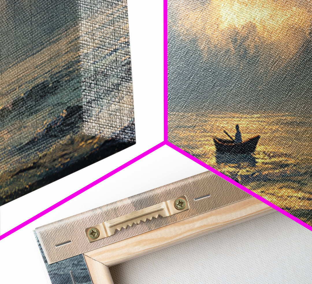 Contemplative Boat At Sea Sunrise Tranquil Ocean Scene Watercolor Style Wall Art Canvas Print Beach Decor