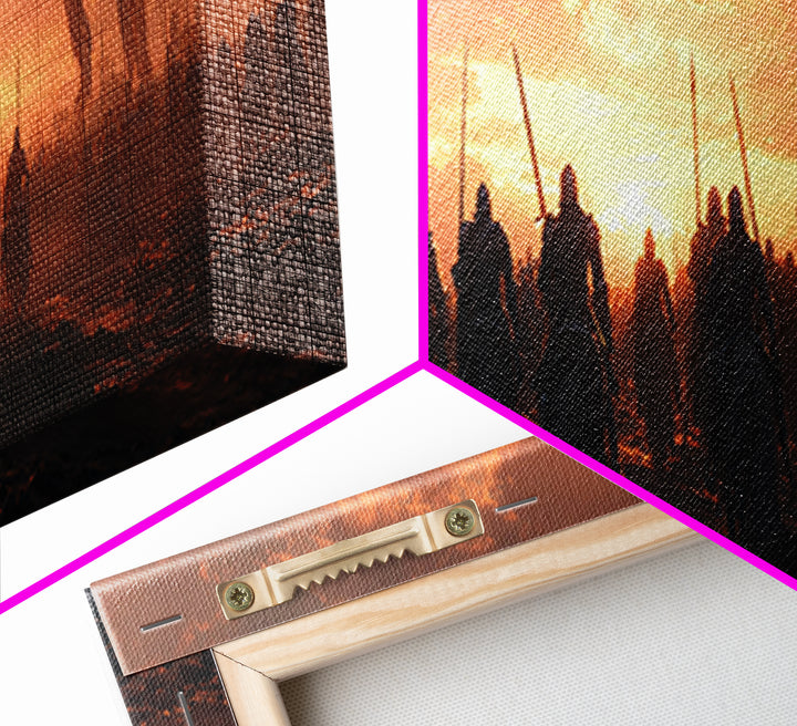 Epic Medieval Battle Scene At Sunset With Armored Knights And Banners Wall Art Framed Canvas Print For Home Decor