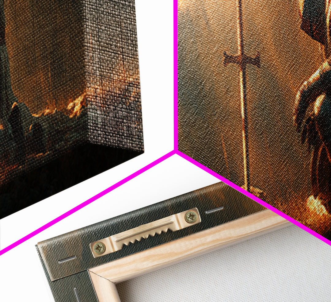 Kneeling Knight At Glowing Cross Wall Art, Christian Medieval Warrior Canvas, Prayer Room Decor, Inspirational Gift For Him