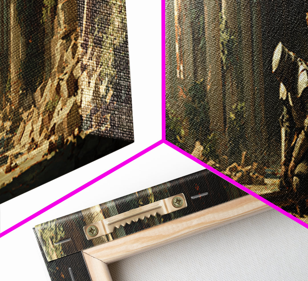 Kneeling Medieval Knight In Ruined Gothic Chapel With Sword Framed Canvas Print Dark Moody Wall Art