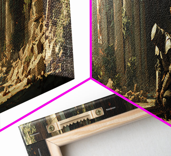 Kneeling Medieval Knight In Ruined Gothic Chapel With Sword Framed Canvas Print Dark Moody Wall Art