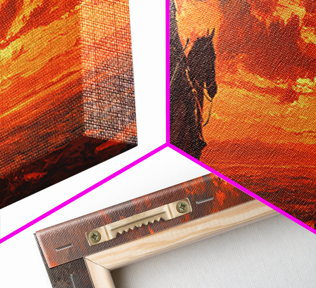 Knight In Armor On Horseback At Dusk Dramatic Sunset Canvas Print With Fiery Sky And Epic Medieval Scene Wall Art For Living Room Decor