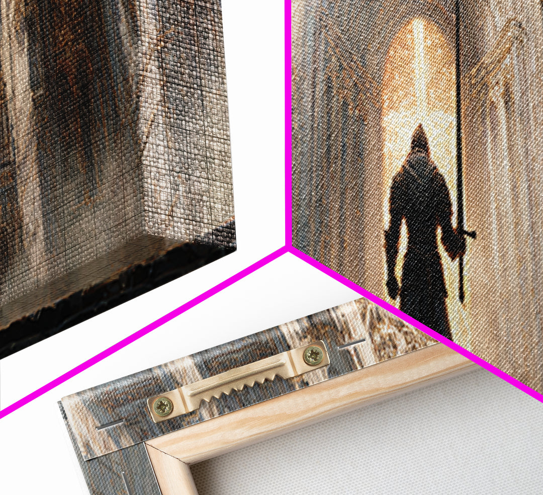 Epic Knight Standing Before Illuminated Cathedral Entrance Wall Art Framed Canvas Print For Dramatic Home Decor Gift
