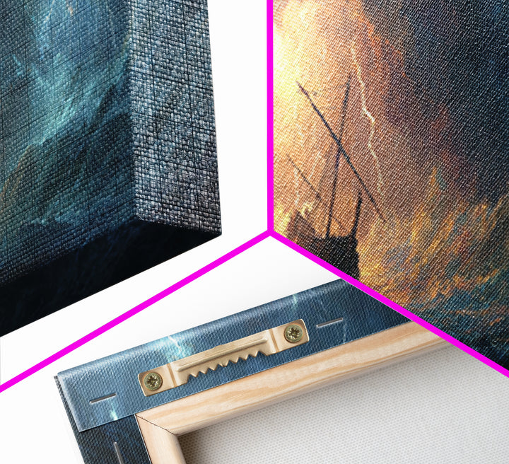 Stormy Ocean Ship In Lightning And Waves Painting Dramatic Seascape Wall Art Framed Canvas Print Perfect For Coastal Living Room Or Nautical Office Decor