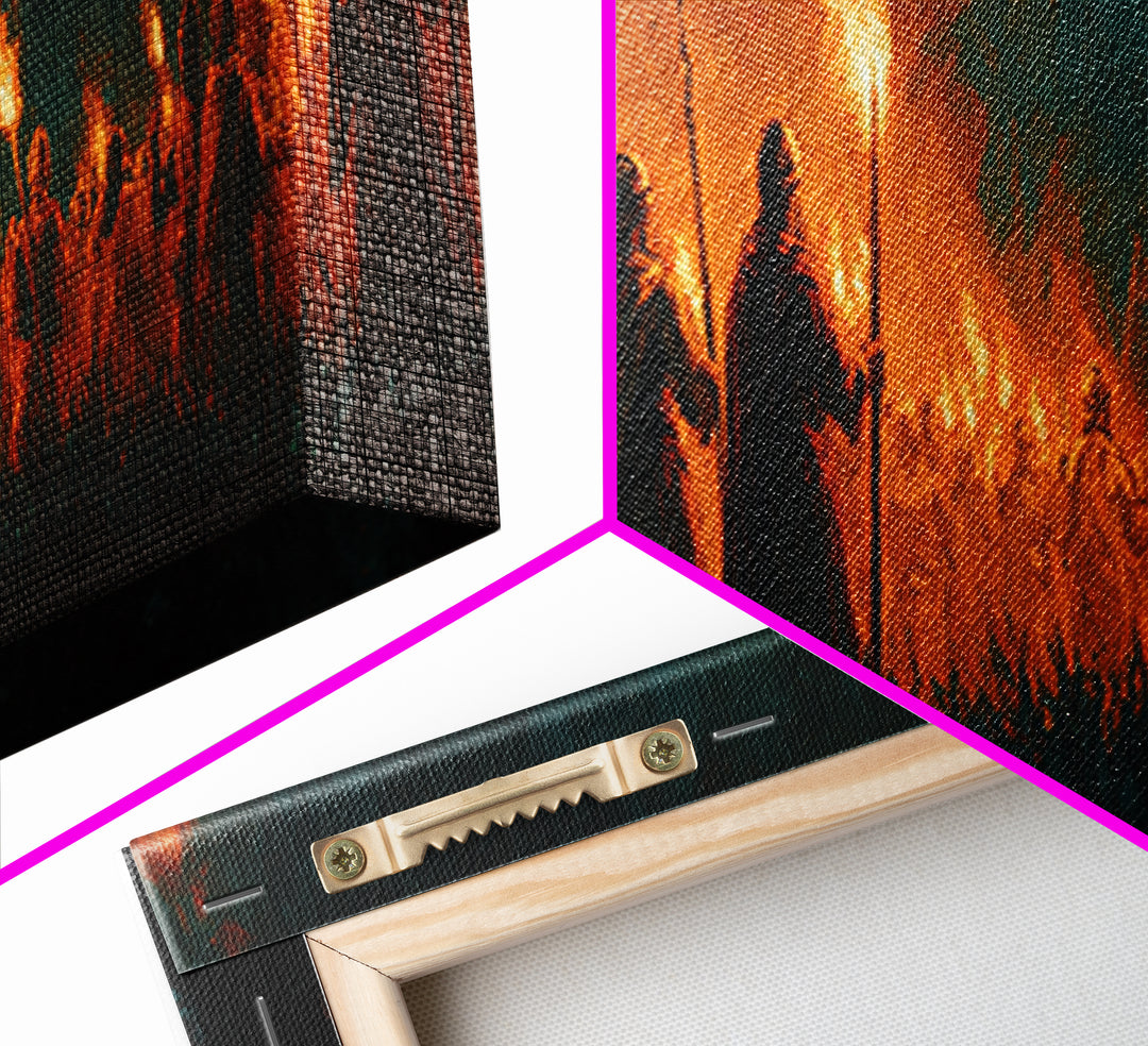 Moody Fiery Torch Lit Night Procession Painting Wall Art Framed Canvas Print For Medieval Dark Romantic And Gothic Decor
