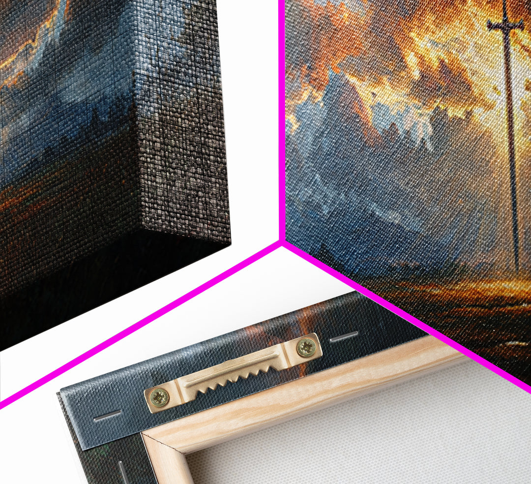 Dramatic Sword Light Rays Landscape Oil Painting Wall Art Framed Canvas Print with Realistic Fantasy Scene for Home and Office