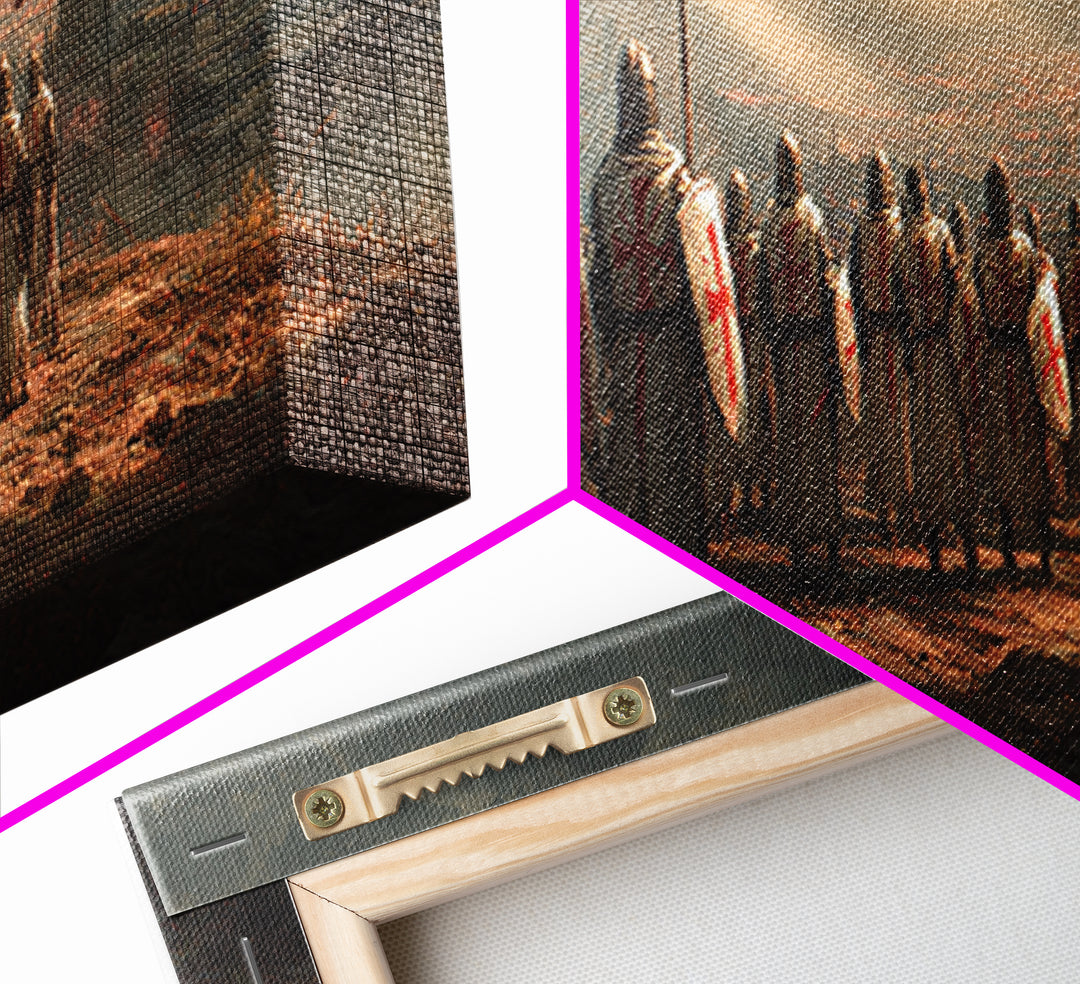 Medieval Knights With Cross Shields In Battlefield At Dusk Wall Art Framed Canvas Print For Living Room Decor