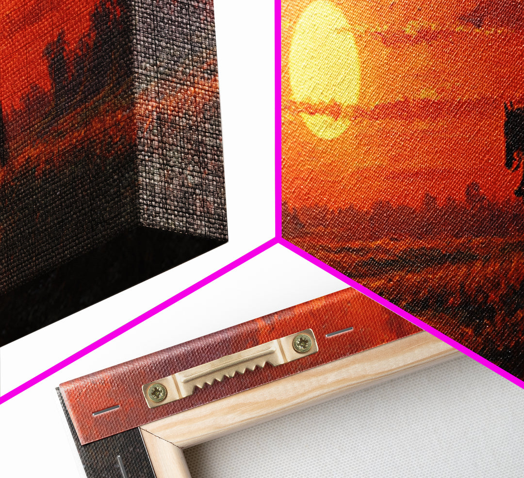 Sunset Scene Painting Of Knight On Horseback In Golden Field Stunning Orange Sky Wall Art