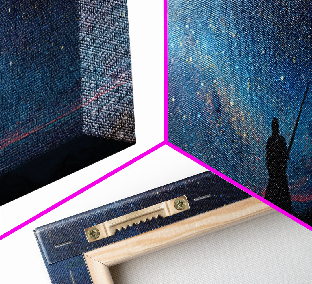 Magical Knight In Armor Under Starry Sky Night Landscape Wall Art Framed Canvas Print For Fantasy Decor