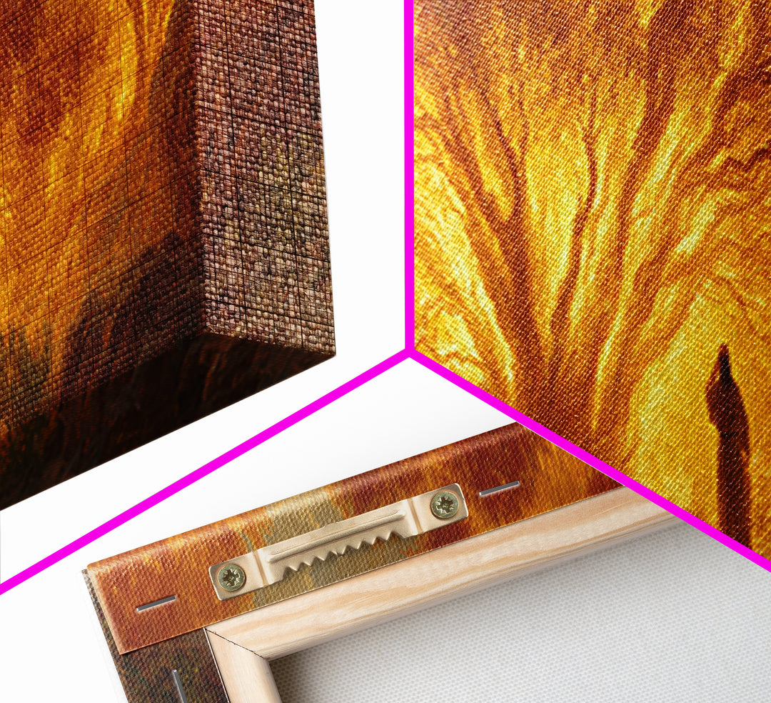 Dramatic Burning Tree With Spiritual Figure Walking Through Fiery Forest Original Art Canvas Print For Inspirational Wall Art Decor