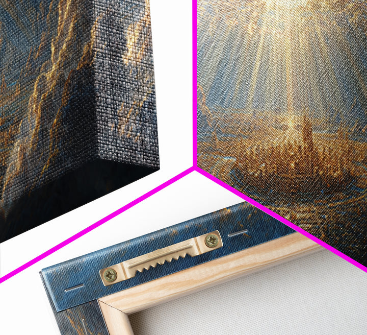 Sunlit Fantasy City Amidst Dramatic Clouds Wall Art Framed Canvas Print For Modern Home Decor And Fantasy Art Collectors Gift