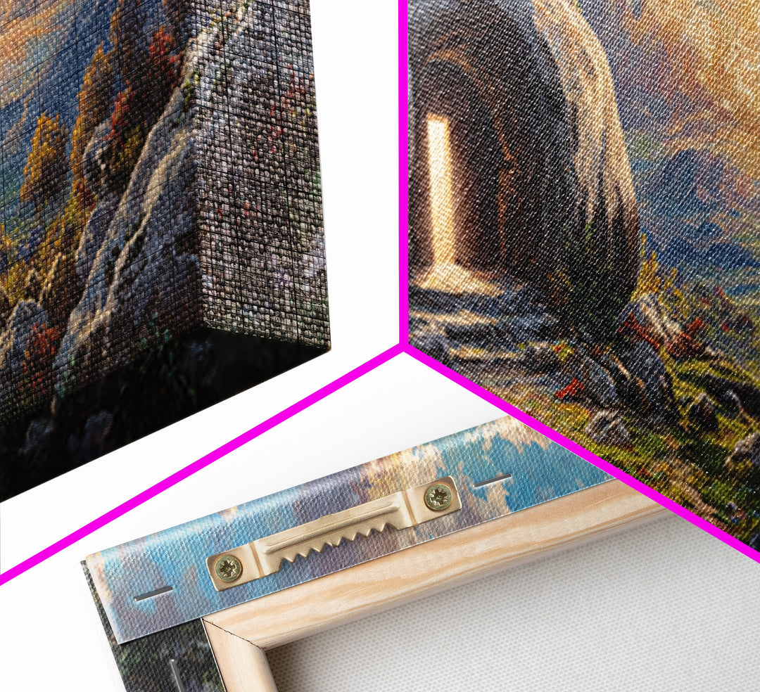 Luminous Entrance To Rocky Cave At Sunset Landscape Wall Art Framed Canvas Print For Home Decor