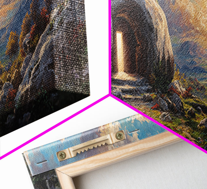 Luminous Entrance To Rocky Cave At Sunset Landscape Wall Art Framed Canvas Print For Home Decor