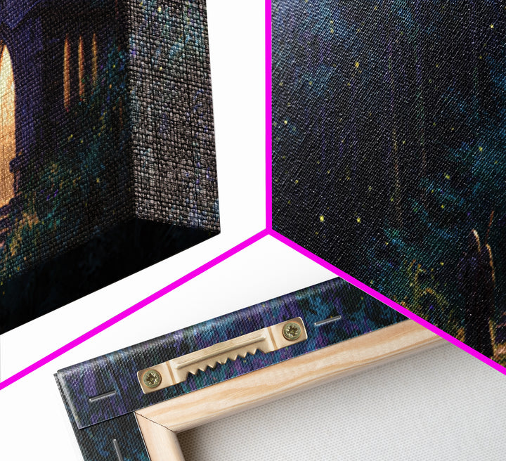 Enchanting Forest Chapel At Night With Glowing Lights And Two Travelers Original Fantasy Wall Art Print
