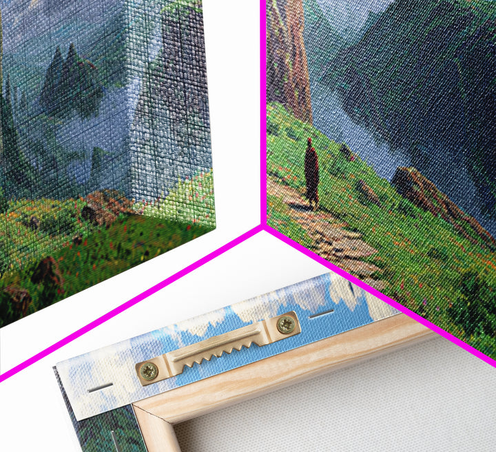 Enchanting Fantasy Landscape With Lone Traveler Walking Toward Mystic Castle on Cliff Surrounded by Lush Greenery Wall Art Canvas Print