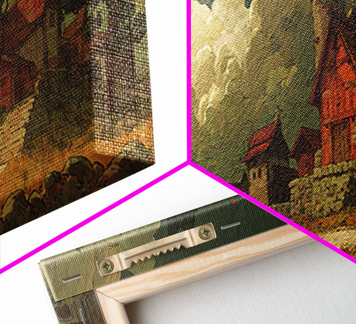 Fantasy Village Landscape Artwork With Knight And Dramatic Sky In Warm Tones Canvas Print