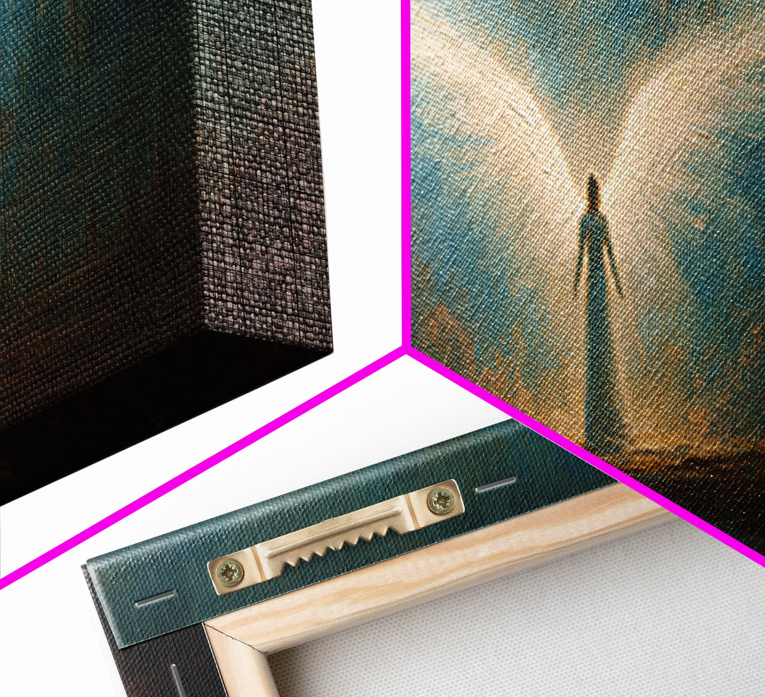Ethereal Canvas Print Of Angelic Figure Radiating Light Among Heavenly Battle Scene Spiritual Wall Art For Inspirational And Contemporary Home Decoration