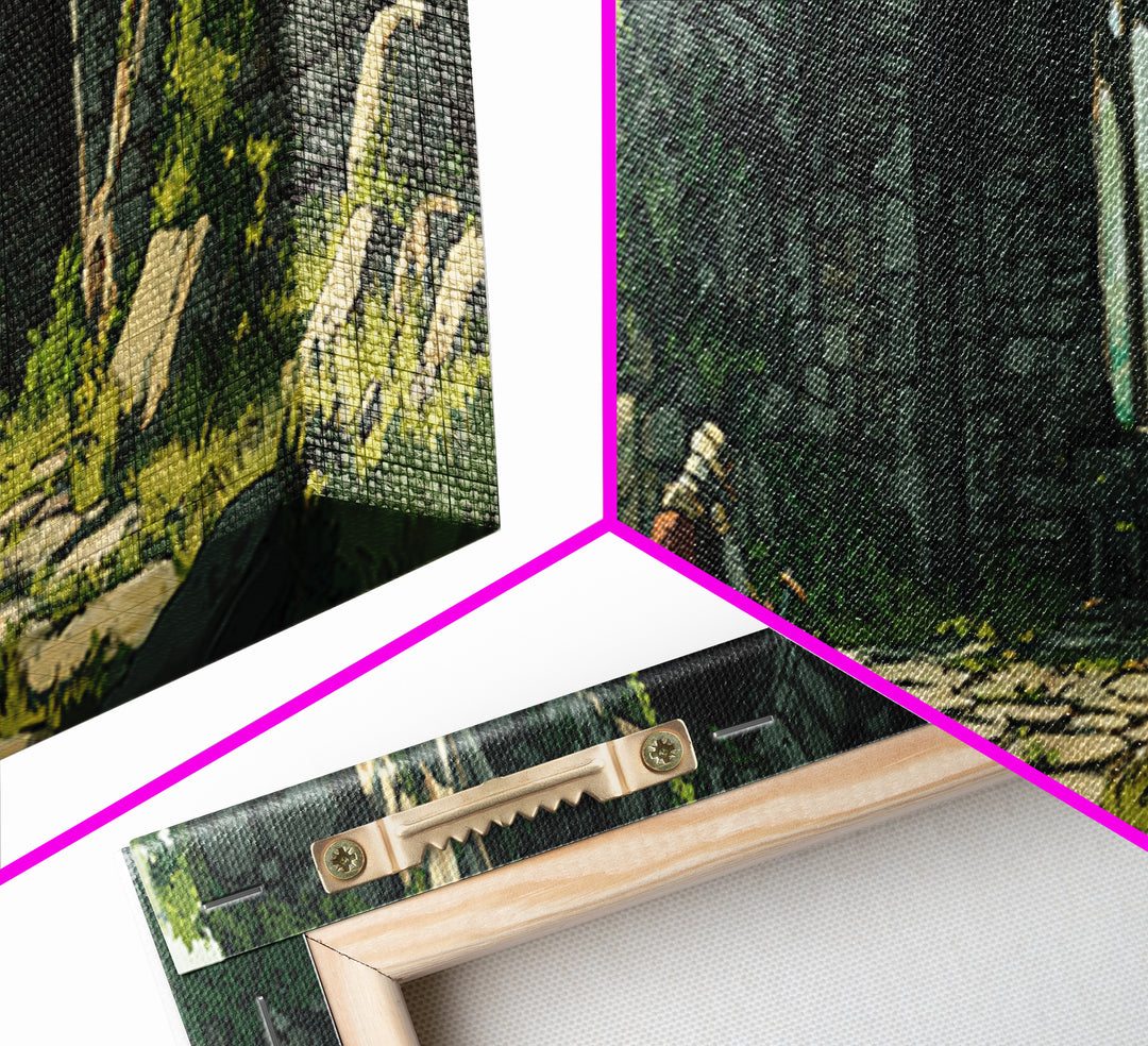 Serene Ruins With Adventurer In Medieval Stone Archway Wall Art Perfect For Home Decor Lovers And Fantasy Enthusiasts Framed Canvas Print