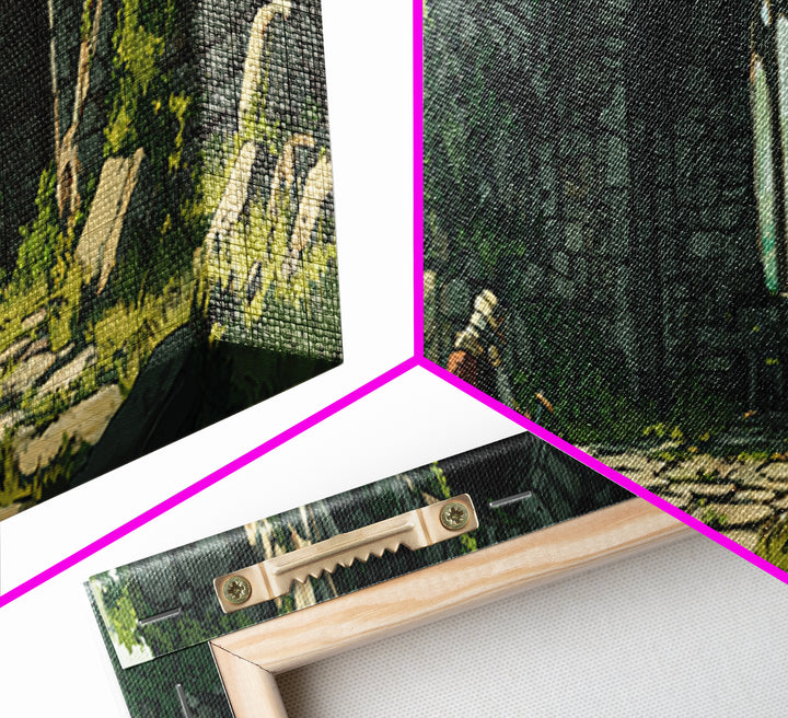 Serene Ruins With Adventurer In Medieval Stone Archway Wall Art Perfect For Home Decor Lovers And Fantasy Enthusiasts Framed Canvas Print