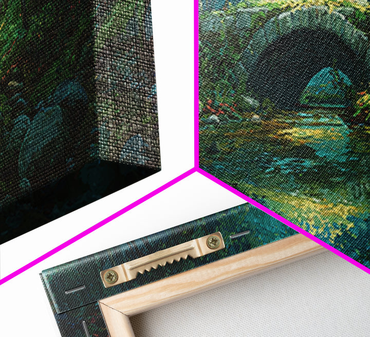 Enchanted Forest Bridge Over Quiet Stream Surrounded By Lush Trees Greenery Nature Wall Art Canvas Print For Home Decor
