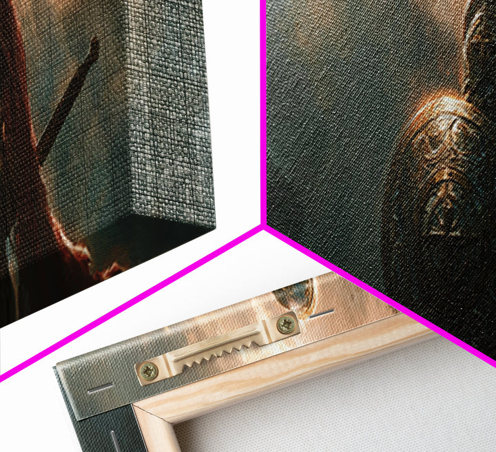 Knight In Armor Standing Against Dramatic Sky Full Of Clouds And Sun Rays - Epic Warrior Wall Art Framed Canvas Print For Home