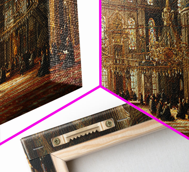 Intricate Historic Mosque Interior With Worshippers And Golden Details Wall Art Beautiful Islamic Architecture Framed Canvas Print