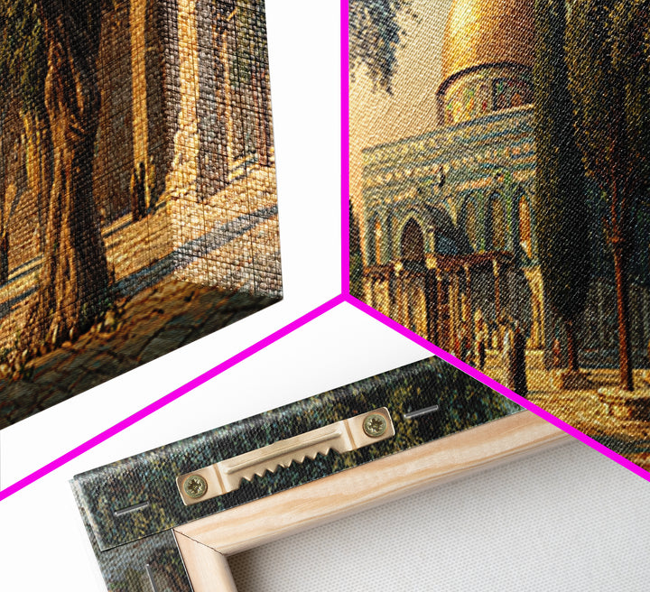 Stunning Realistic Mosque Courtyard With Olive Trees And People Framed Canvas Print For Islamic Home Decor Wall Art