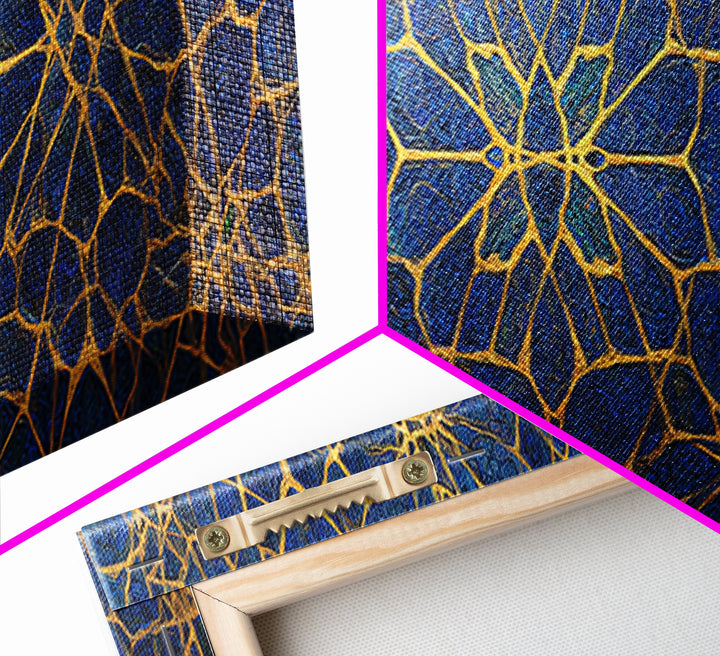 Detailed Blue And Gold Islamic Geometric Pattern Canvas Print For Elegant Religious Home Decor
