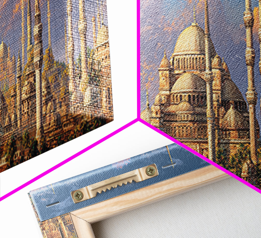 Vibrant Cityscape With Ornate Minarets And Warm Sunset Sky Framed Canvas Print For Home Decor
