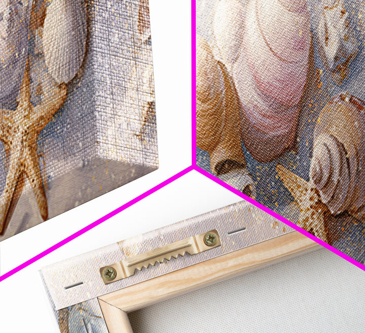 Pastel Seashells And Starfish Beach Wall Art, Coastal Canvas Print, Nautical Bathroom Decor And Beach House Gift For Her