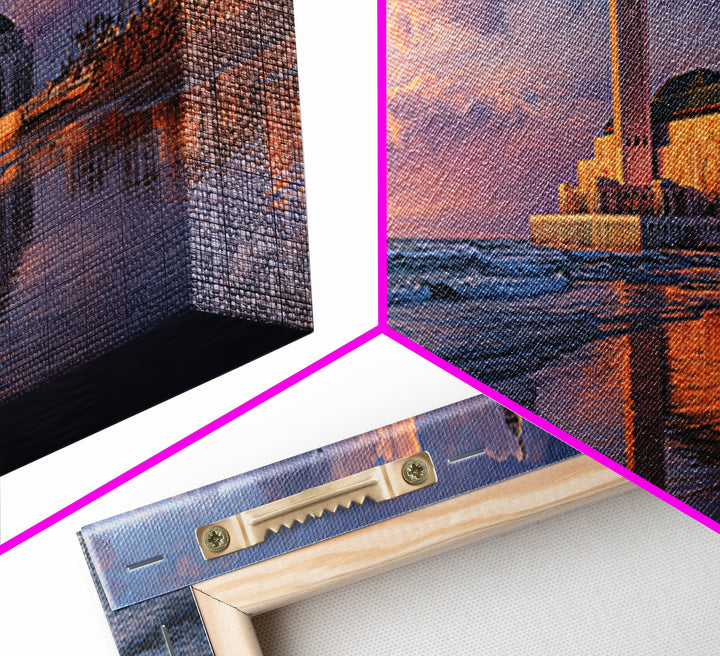 Sunset Over Iconic Casablanca Mosque With Reflective Water Wall Art Framed Canvas Print For Coastal Decor