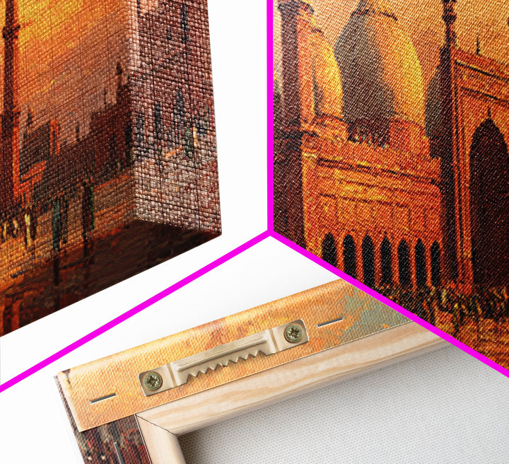 Sunset Over Lavish Mosque Oil Painting Wall Art Framed Canvas Print With Vibrant Orange Skies And Historical Architecture Home Decor