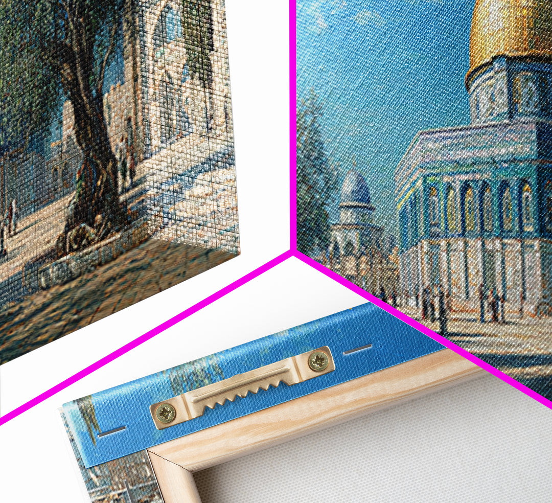 Vivid Middle Eastern Architecture Painting With Golden Dome And Olive Trees Captivating Historical Wall Art
