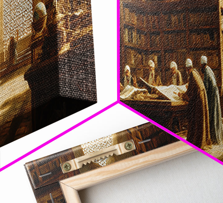 Historical Middle Eastern Library Scene Painting Wall Art Framed Canvas Print For Study Room Decor And Book Lover Gift