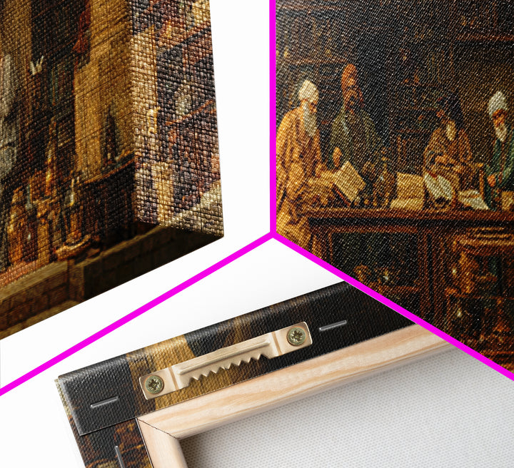 Intricate Middle Eastern Study Scene With Scholars And Books Classic Style Oil Painting Wall Art Framed Canvas Print