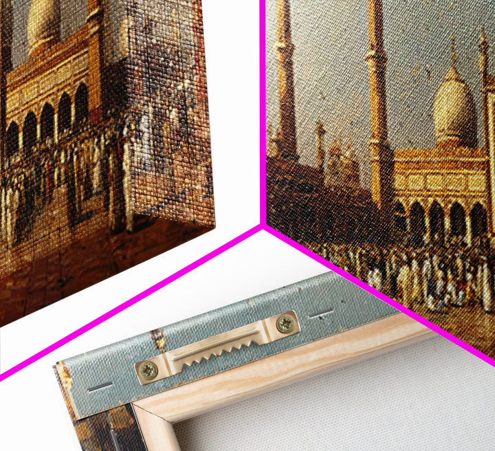 Vintage Indian Mosque Scene With Crowds In Traditional Attire Antique Oil Painting Wall Art Framed Canvas Print