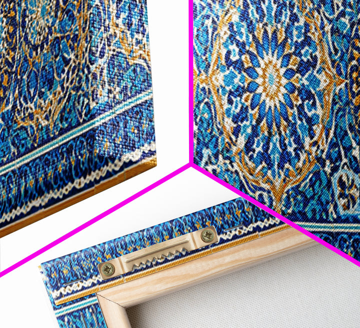 Detailed Handpainted Islamic Tile Blue And Gold Pattern Artwork Canvas Print For Moroccan Home Decor And Framed Wall Art