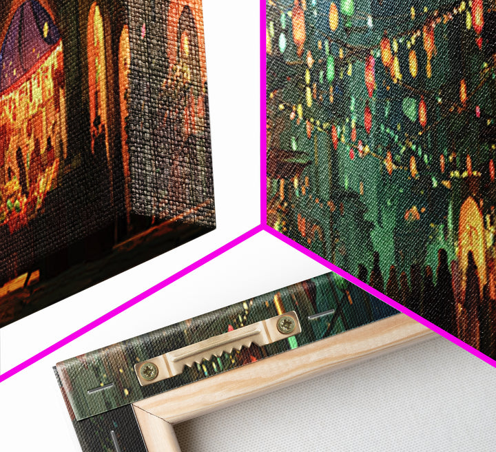 Vibrant Nighttime Street Market Scene With Lanterns And Crowds Framed Canvas Print