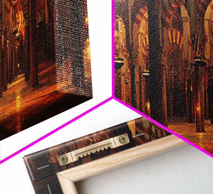 Warm Glowing Columns Of Ancient Mosque Interior With Arches Framed Canvas Print For Rustic Home Decor And Statement Wall Art