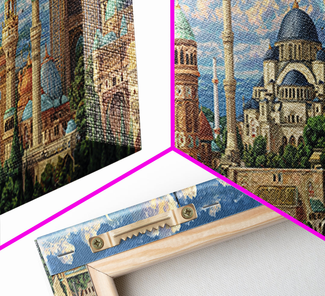 Historic Mosque With Intricate Islamic Architecture And Blue Domes Framed Canvas Print Fine Art Wall Decor For Home And Office