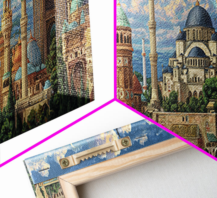 Historic Mosque With Intricate Islamic Architecture And Blue Domes Framed Canvas Print Fine Art Wall Decor For Home And Office
