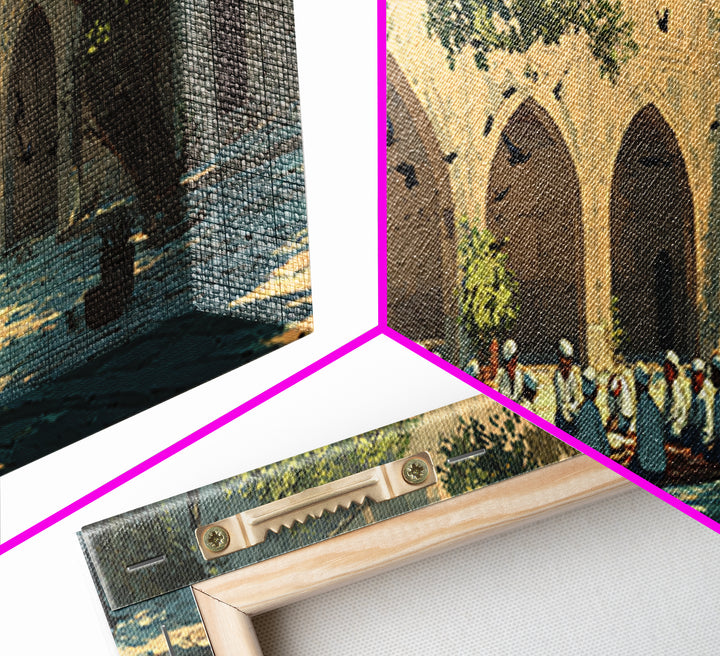 Historic Courtyard With Men In Traditional Clothing Sitting And Talking Framed Canvas