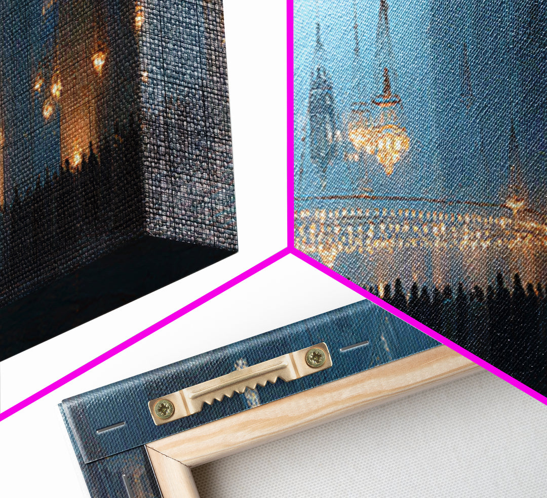 Ethereal Interior Of Historic Mosque With Soft Blue Tone And Glowing Chandeliers Canvas Print