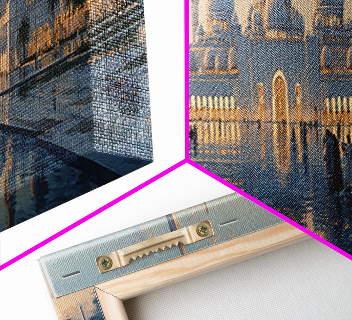 Majestic Mosque Sunset Golden Hour With Warm Glow And Reflections - Elegant Architectural Wall Art Canvas Print For Home Decor