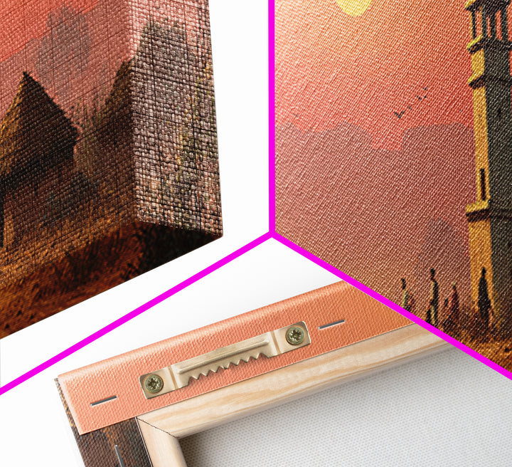 Rural Village Minaret At Peach Sunset Wall Art, Islamic Landscape Print, Prayer Room Decor, Warm Farmhouse Home Decor Gift