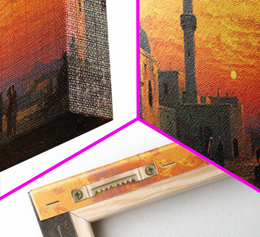 Stunning Sunset Over Desert Village With Minaret Oil Painting Warm Landscape Wall Art Framed Canvas Print For Home And Office