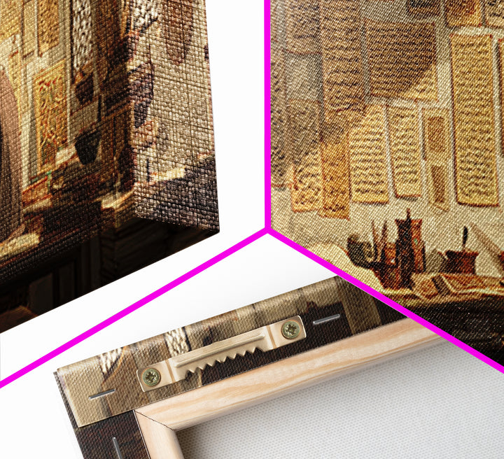 Old Scholar Reading Ancient Manuscripts In Historic Study Room Canvas Print Wall Art For Office Decor